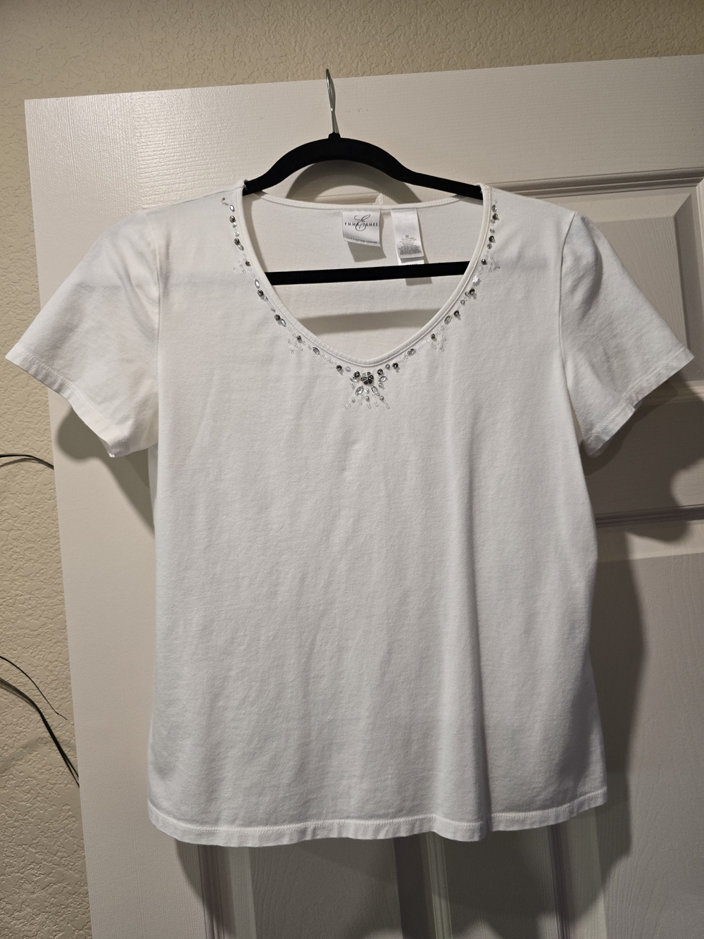 Emma James White Short Sleeve V-Neck Tee with Rhinestone Detail
